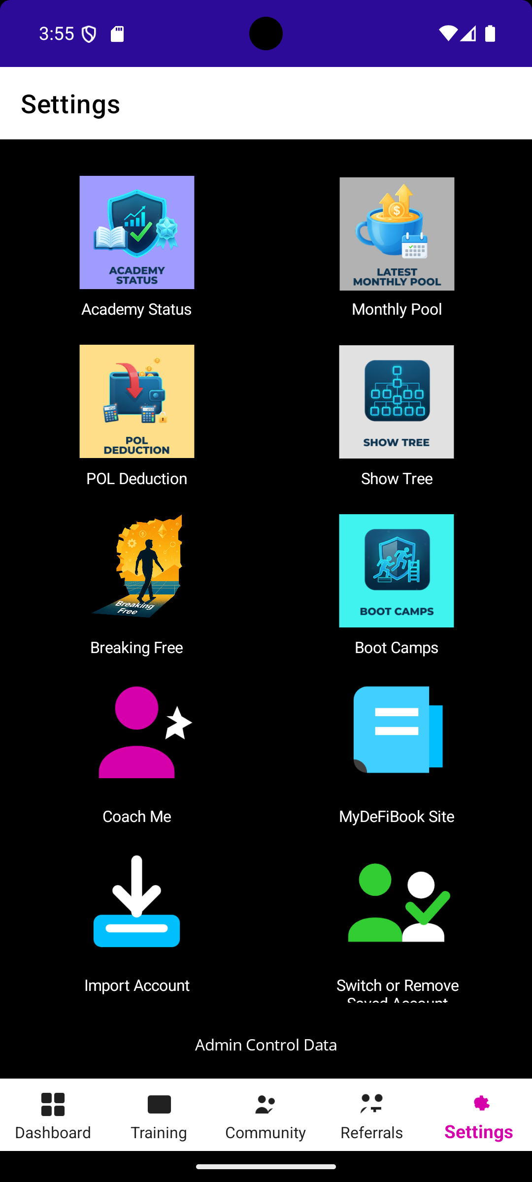 Breaking Free app settings screen