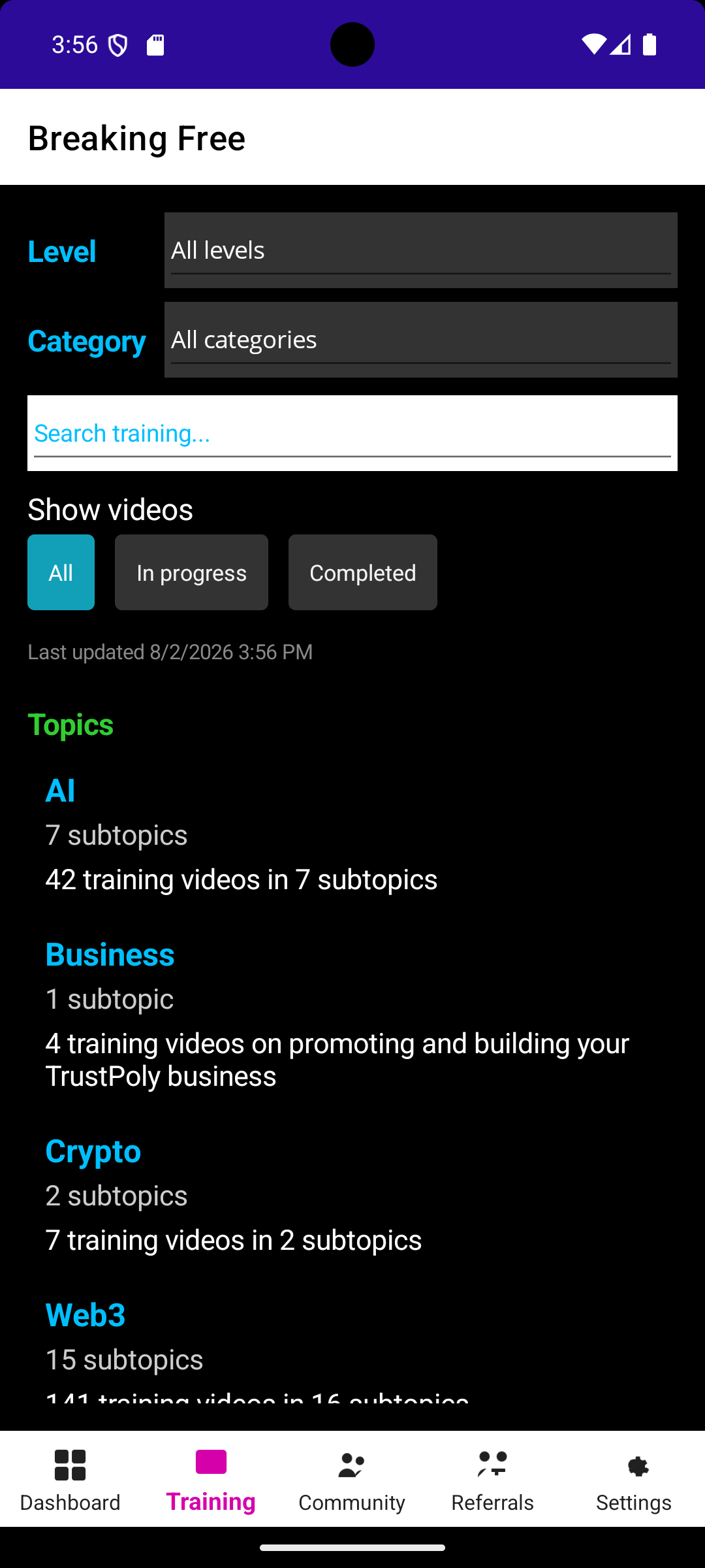 Breaking Free training topics screen